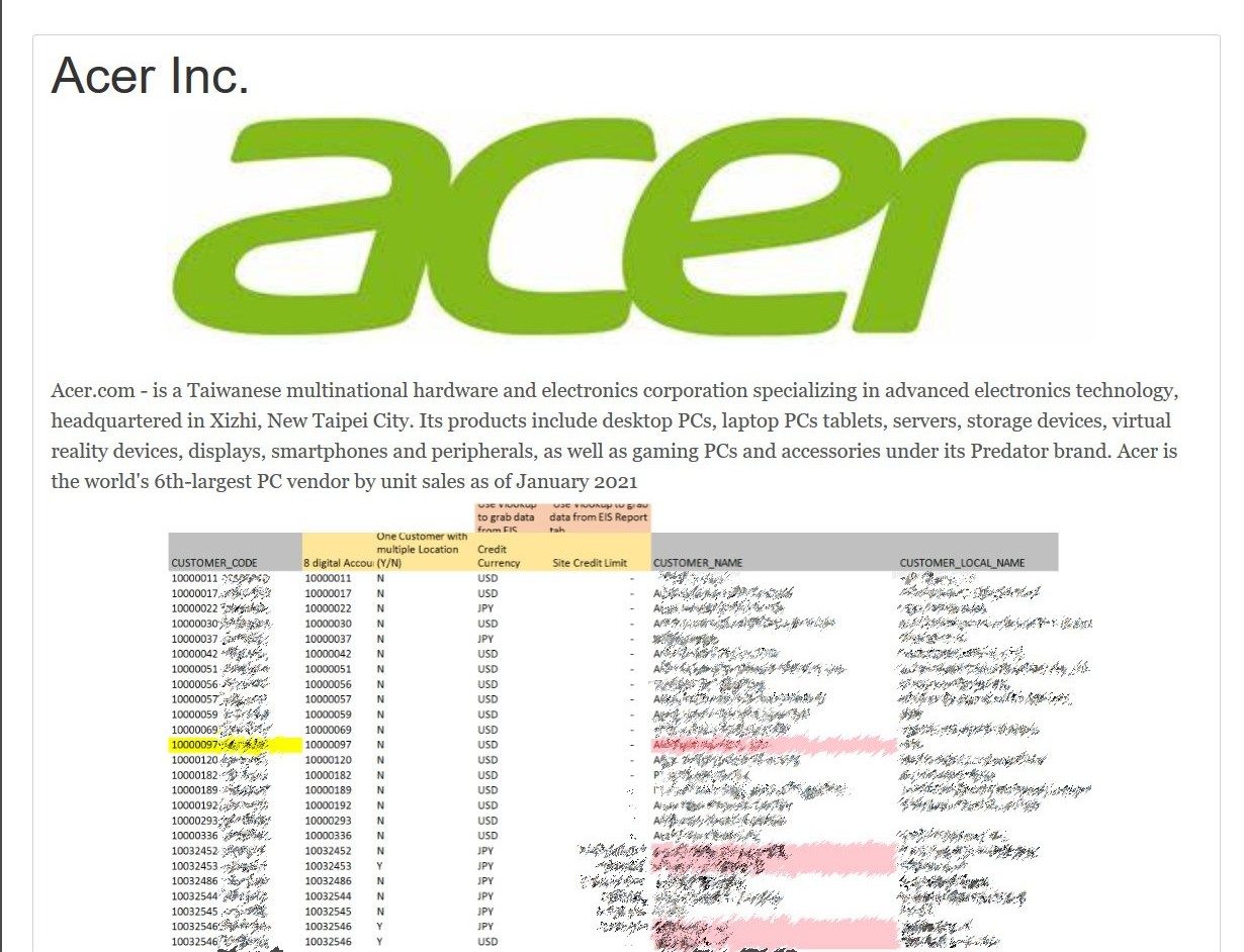 Rò rỉ dữ liệu của Acer trên trang web ransomware REvil
