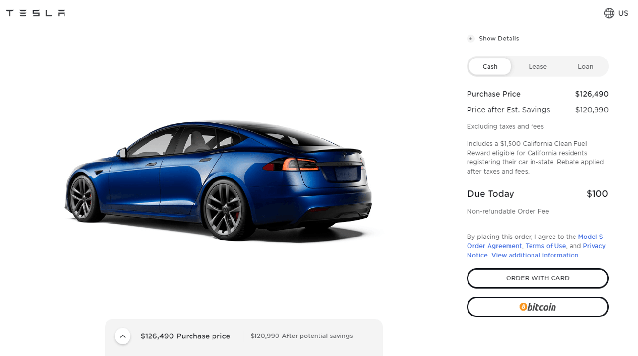 Giao diện thanh toán bằng Bitcoin trên trang chủ Tesla