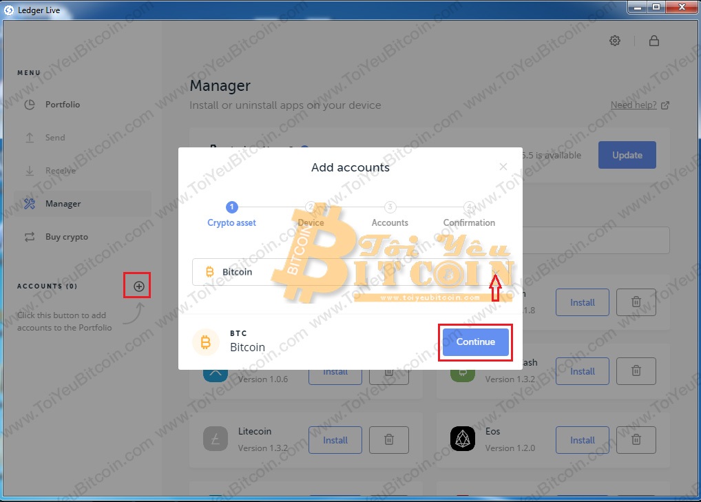 Thêm tài khoản quản lý trên Ledger Live. Ảnh 1