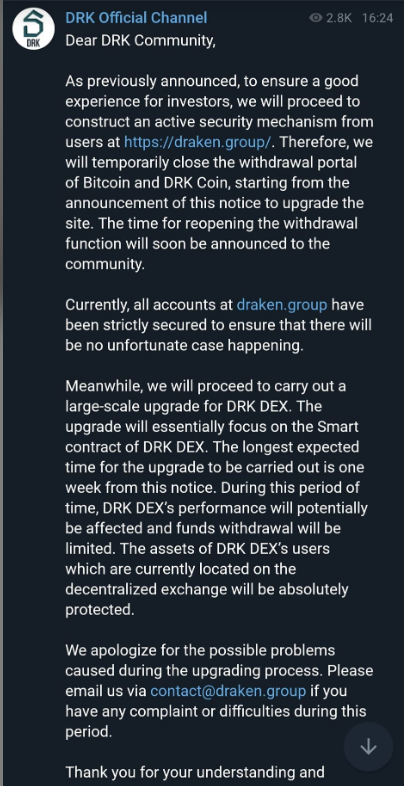 Thông báo tạm dừng rút BTC và DRK