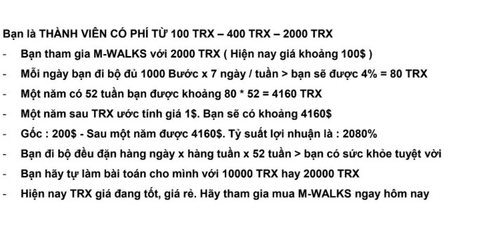 Theo bản giới thiệu của M-Walks, người tham gia sẽ thu được 4.160% lợi nhuận nếu đầu tư 100 USD.