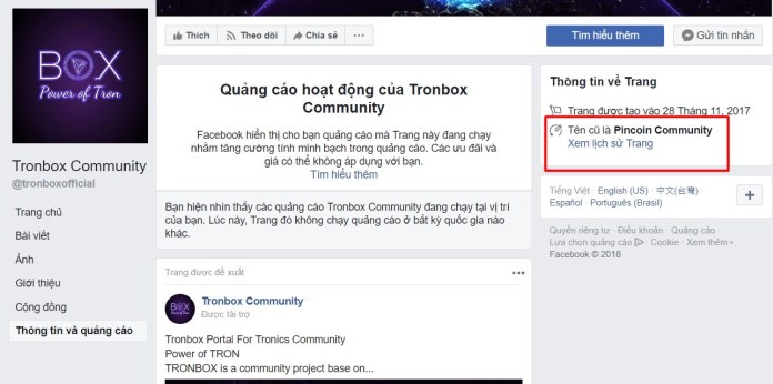 Fanpage chính thức của Tronbox hiện nay được đổi tên từ trang cộng đồng của Pincoin.