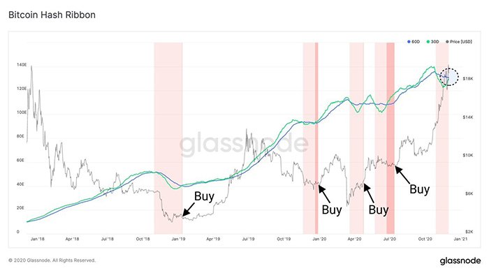 Biểu đồ giá Bitcoin với hash ribbons. Nguồn: Rafael Schultze-Kraft/ Twitter
