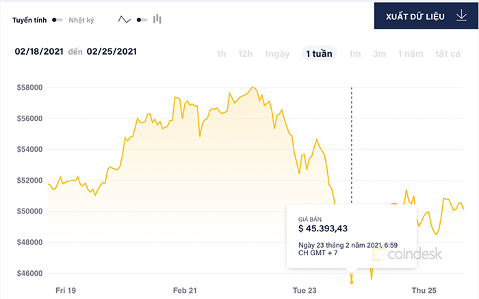 Giá Bitcoin đã có những biến động mạnh trong tuần qua, thời điểm thấp nhất đồng tiền ảo này giảm còn 45.393 USD ngày ngày 23/2.