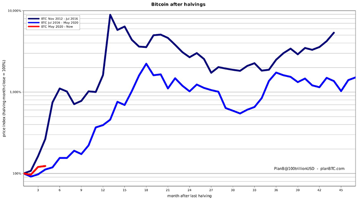 So sánh giá Bitcoin sau halving. Nguồn: PlanB/ Twitter