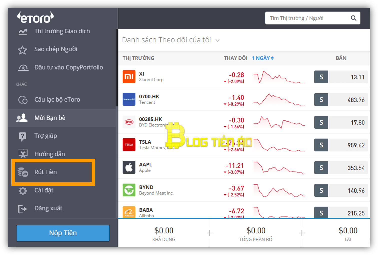 chọn rút tiền trên etoro