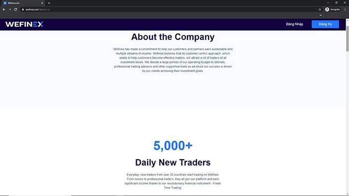 Trên website của Wefinex sự giới thiệu về công ty rất sơ sài, không hề có thông tin hay địa chỉ cụ thể.