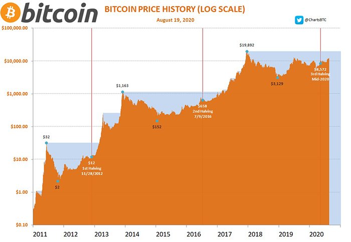 Biểu đồ giá Bitcoin với dữ liệu halving. Nguồn: ChartsBTC/ Twitter