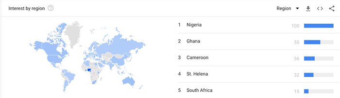 Các quốc gia tìm kiếm từ khóa mua Bitcoin nhiều nhất. Nguồn: Google Trends