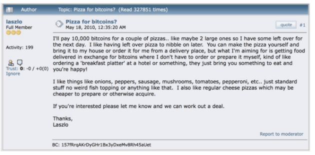 Bài đăng của Laszlo Hanyecz, Bitcoin Pizza Guy, vào năm 2010.