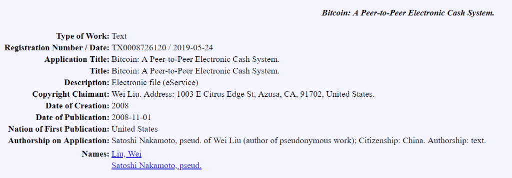 Đơn đăng ký bản quyền tác giả whitepaper Bitcoin của Wei Liu dưới bí danh Satoshi Nakamoto