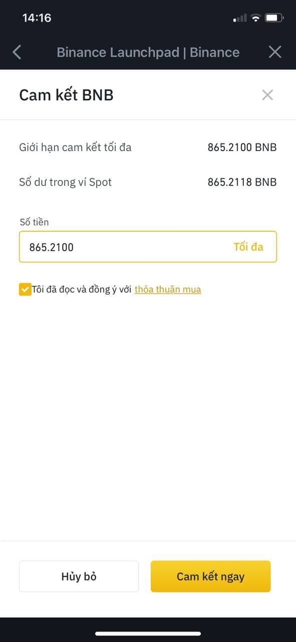 Nhập số lượng BNB muốn cam kết để tham gia Launchpad