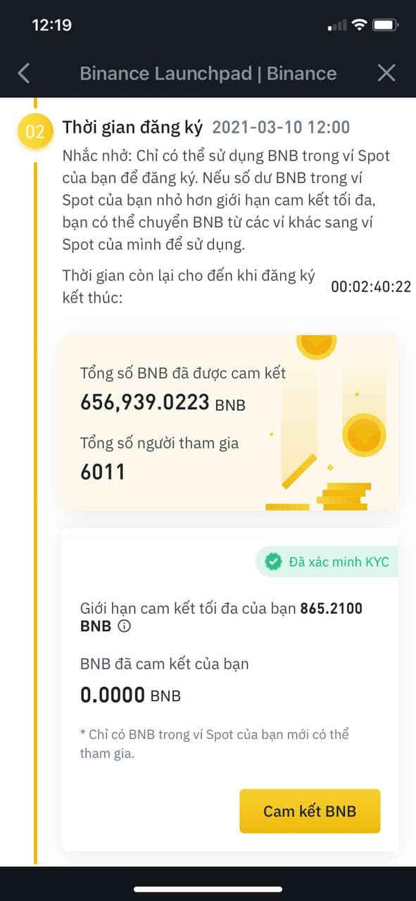 Thời gian đăng ký tham gia Launchpad trên binance