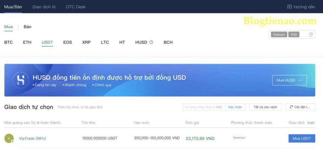 Tỷ Giá trên Sàn Huobi OTC