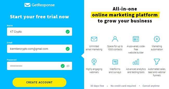 Hướng dẫn Getresponse - Đăng ký tài khoản Getresponse